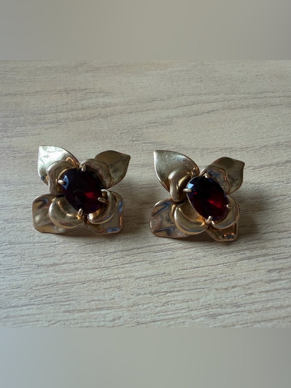 Vintage Gold Tone Floral Flower Earrings with Red Rhinestone Center